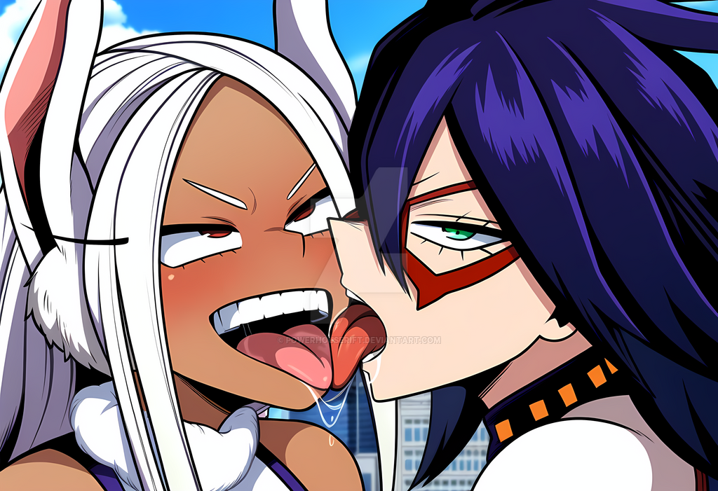 2girls ai_generated artist_request blush boku_no_hero_academia female female_only french_kiss midnight_(my_hero_academia) mirko miruko my_hero_academia pleasure_face powerhouserift rumi_usagiyama tongue_kiss yuri