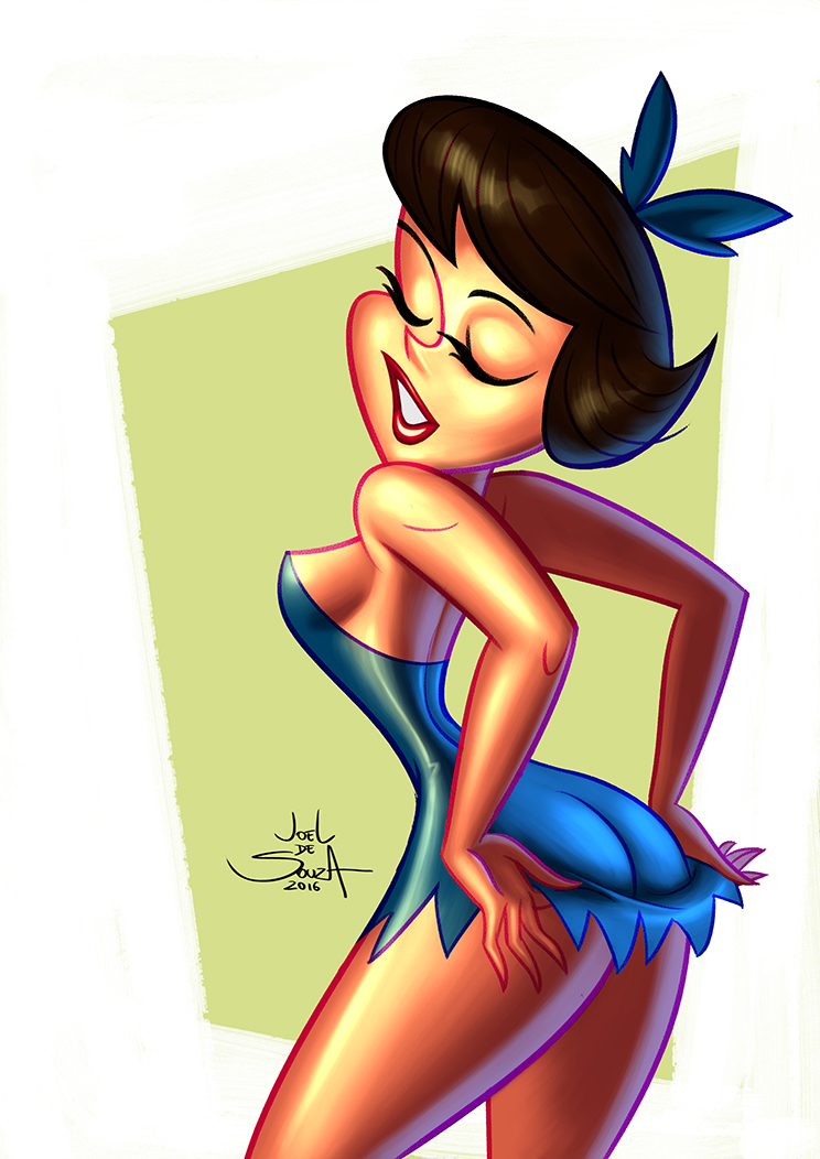 1girls 2016 ass betty_rubble black_hair bow closed_eyes clothing dress female female_only hanna-barbera human jfsouzatoons joel_de_souza lipstick side_view sideboob skirt_lift solo standing tagme teasing teeth the_flintstones thighs