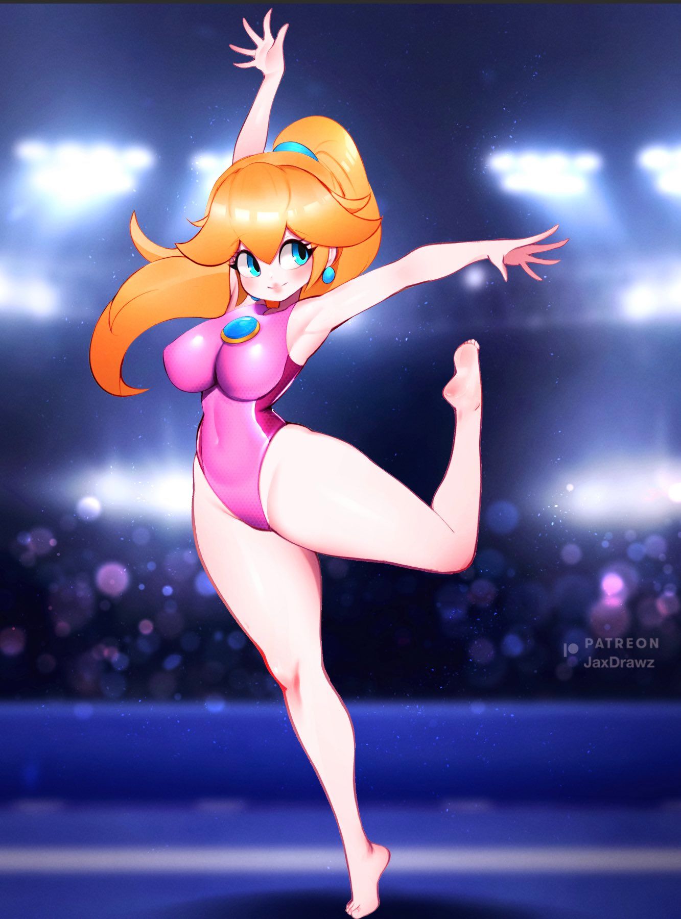 blonde_hair blue_eyes breasts feet female female_only jaxartdump leotard mario_(series) mario_and_sonic_at_the_olympic_games nintendo princess_peach solo tagme