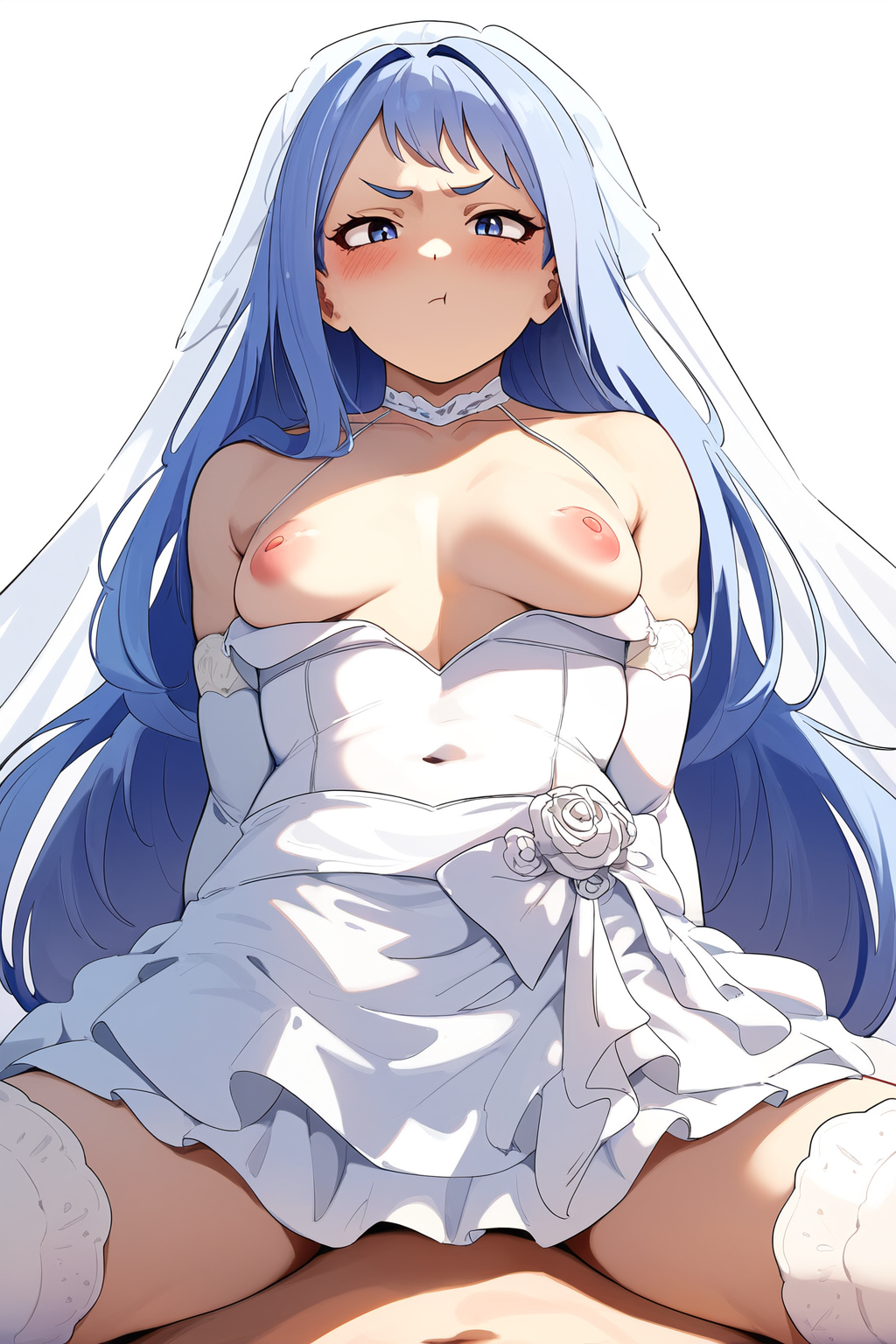 ai_generated angry angry_sex blue_eyes blue_hair blush breasts_out choker cowgirl_position glaring_at_viewer implied_penetration implied_sex long_hair looking_at_viewer looking_down_at_viewer my_hero_academia nejire_hado pink_nipples pouting pouting_at_viewer pouty_lips pov pov_eye_contact pov_sex puffy_nipples small_breasts su_whore_(artist) upset wedding_dress wedding_veil white_hair white_thighhighs