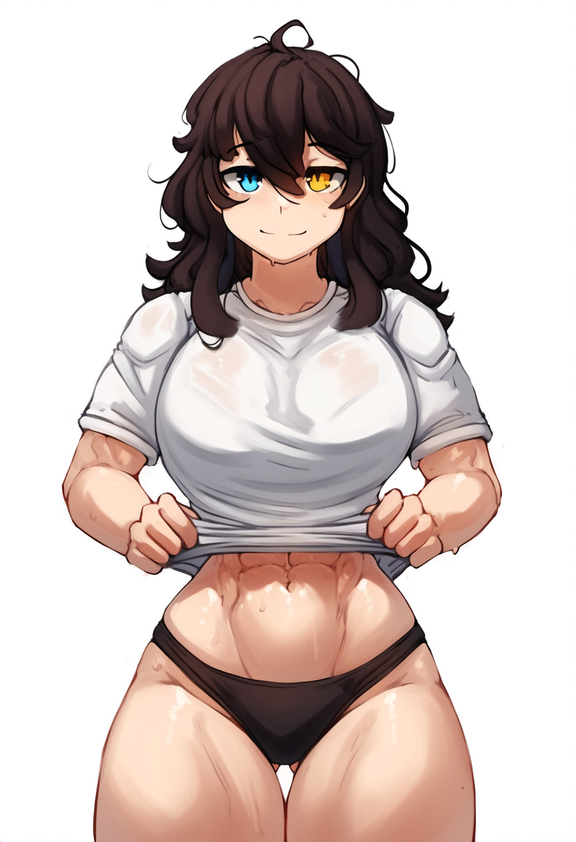 1girls abs ai_generated casual_clothes hismajestyii large_breasts muscular_female novelai panties seiko_tanaka_(hismajestyii) shirt t-shirt toned toned_body toned_female wide_hips