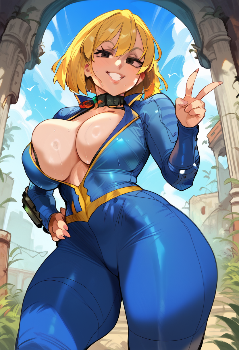 2d ai_generated big_breasts blonde_female blonde_hair blonde_hair_female bodysuit cleavage day fallout female female_focus female_only outdoors smile smiling solo solo_female solo_focus standing tagme vault_girl vault_suit