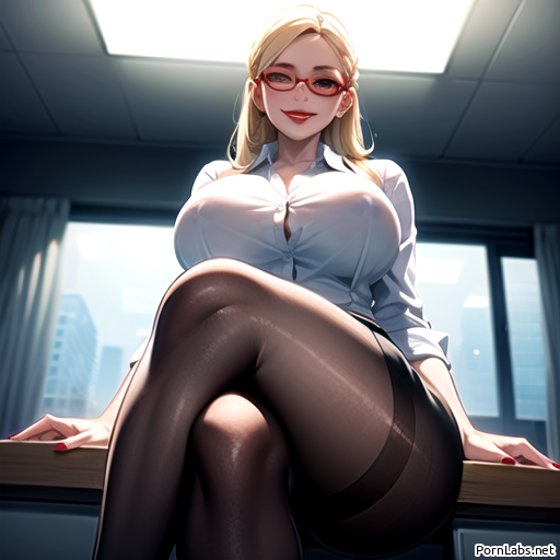 ai_generated blonde_female blonde_hair buttoned_shirt forecast_janna glasses grinning_at_viewer janna_windforce league_of_legends looking_at_viewer office_clothing office_lady painted_nails pantyhose pencil_skirt riot_games the_grind_series thick_thighs wide_hips