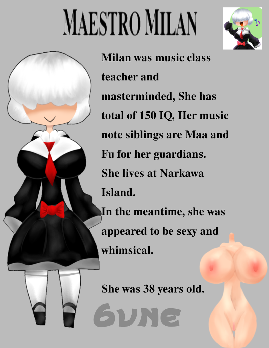 1girls 6une big_breasts breasts character_name character_profile character_sheet clothed clothing fu_(6une) long_sleeves maa_(6une) maestro_milan_(6une) music_teacher oc original_character original_character_do_not_steal parody parody_oc red_bow red_tie skirt teacher two_tone_dress vulva white_hair