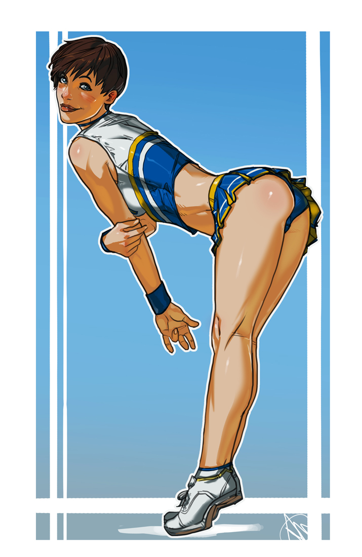 1girls, alternate costume, bent over, bloomers, brown hair, cheerleader, female, female only, ganassa, human, human only, rebecca chambers, resident evil, short hair, smile, solo, upskirt