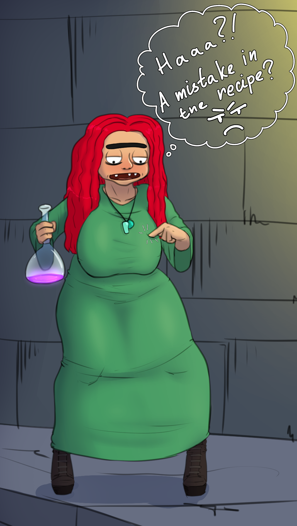 alva_the_witch boots child_bearing_hips color curly_hair curvy diklonius dress english_text female game green_dress huge_breasts long_hair lucky_tower lucky_tower_ultimate newgrounds potion potion_bottle red_hair sketch solo_female text text_bubble thick_thighs witch