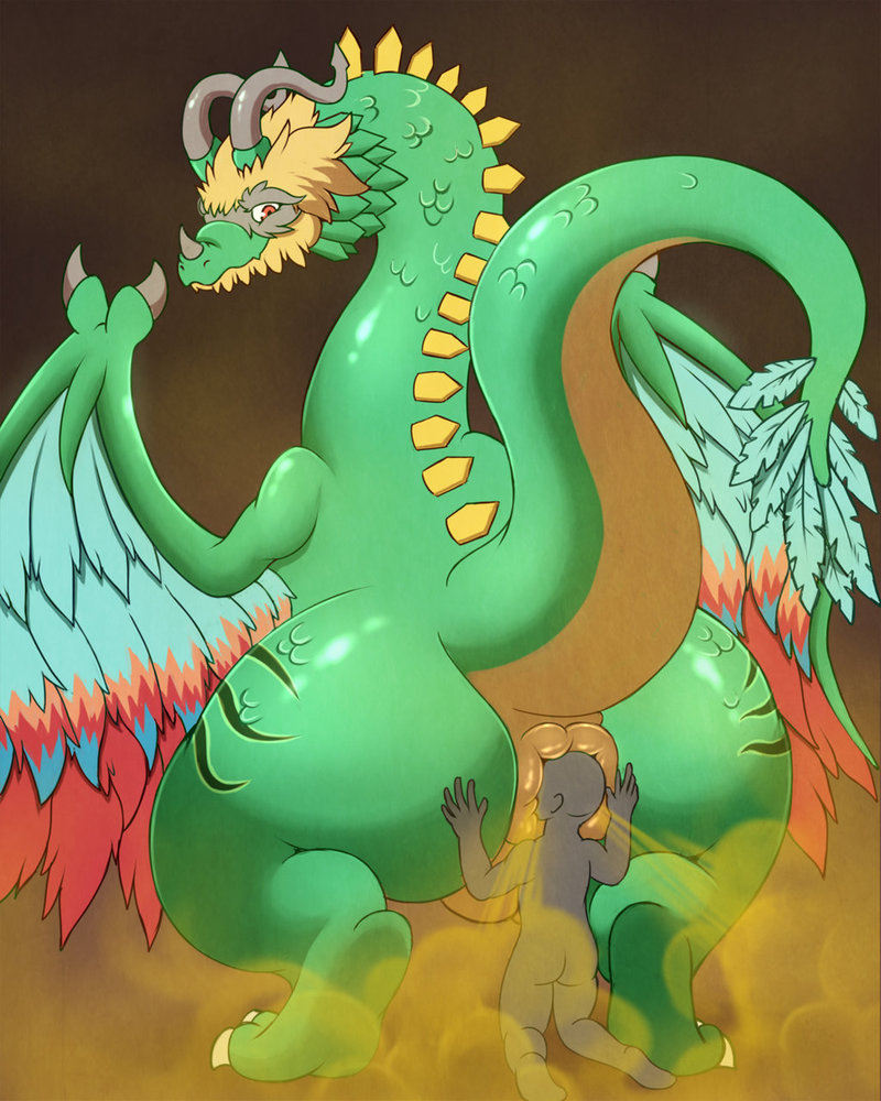 ambiguous_gender anthro ass balls dragon duo fart genitals green_body human looking_at_viewer male male/ambiguous mammal mythological_creature mythological_scalie mythology rikuaoshi scalie tail wings