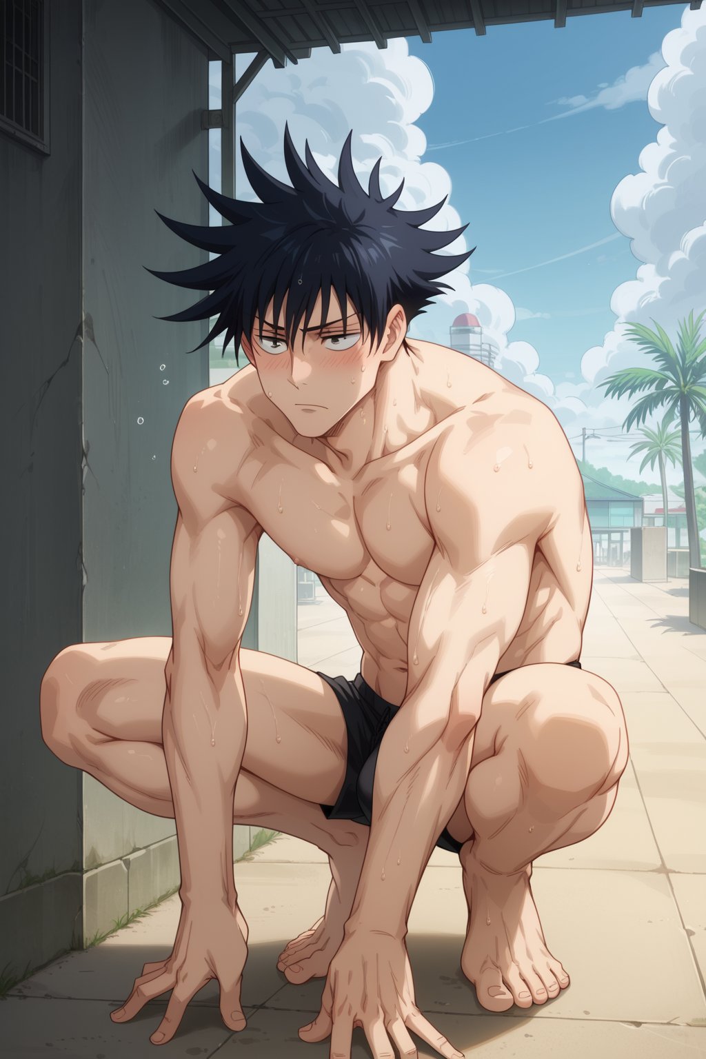 1boy abs ai_generated another_megumi bangs bara barefoot black_hair black_male_underwear black_shorts blush closed_mouth cloud collarbone day full_body fushiguro_megumi hair_between_eyes jujutsu_kaisen looking_at_viewer male_focus male_only muscular muscular_male navel nipples outdoors pectorals short_hair shorts sky solo spiked_hair squatting sweat toned toned_male topless_male tree