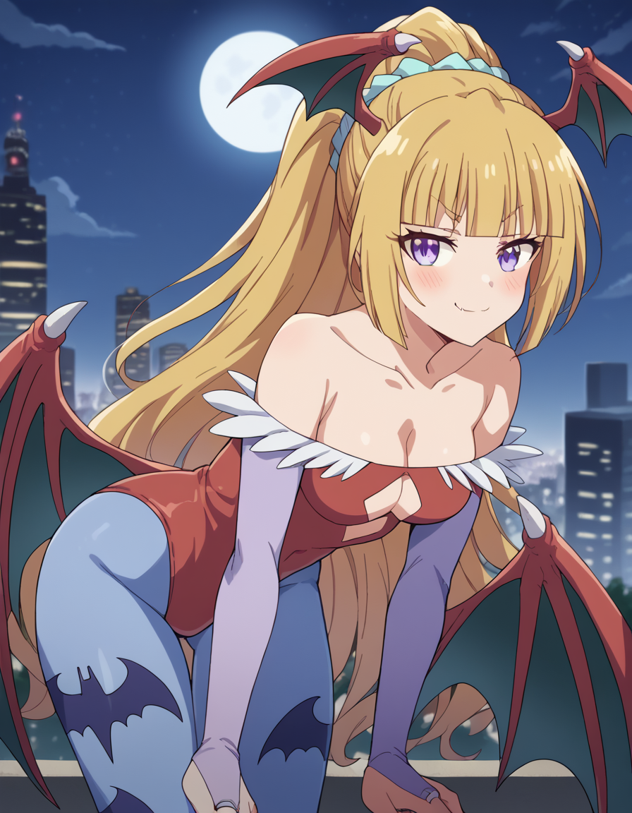 1girls 2024 2024s ai_generated bandai_namco blonde blonde_female blonde_hair blonde_hair_female blush breasts buildings city civitai cleavage clothed clothing cloud clouds cosplay crossover_cosplay dark_blue_sky darkstalkers darkstalkers_(cosplay) demon demon_girl demon_wings demoness female female_focus female_only gundam gundam_tekketsu_no_orphans hair kudelia_aina_bernstein leotard lilith_aensland lilith_aensland_(cosplay) moon night nochekaiser881 pony_diffusion_(model) pony_diffusion_xl purple_eyes red_leotard solo solo_female solo_focus stable_diffusion succubus succubus_wings tagme tights vampire vampire_girl wings