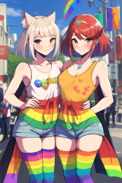 2girls ai_generated blonde_hair breasts brown_eyes cat_ears catgirl core_crystal denim_shorts hand_on_another's_hip large_breasts looking_at_viewer nia nintendo orange_tank_top outside pride_color_flag pride_colors pyra red_hair robofun short_hair shorts sky small_breasts tank_top thighhighs tiara white_tank_top xenoblade_(series) xenoblade_chronicles_2