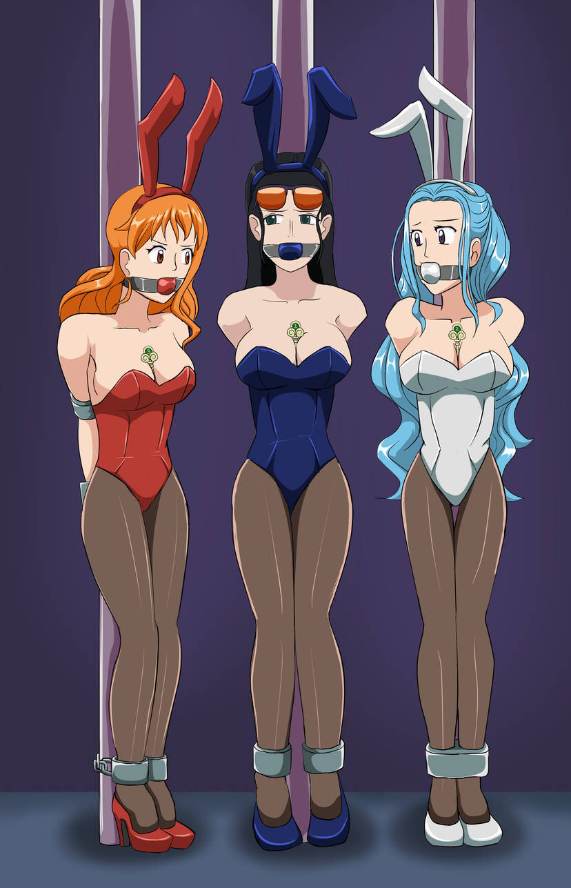 3girls ankle_cuffs ball_gag black_eyes black_hair blue_hair blue_leotard bondage breasts brown_eyes bunny_ears d-mizton fake_animal_ears female female_only gag gagged high_heels key large_breasts leotard long_hair nami nefertari_vivi nico_robin one_piece orange_hair pantyhose playboy_bunny pole purple_eyes red_leotard sunglasses sunglasses_on_head tied_to_pole white_leotard wrist_cuffs