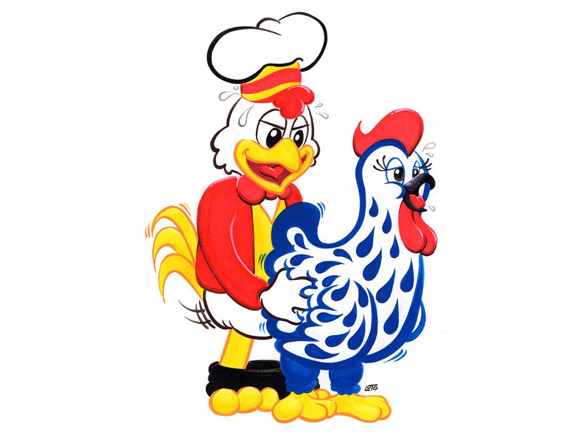 1boy 1girls anthro anthro_on_feral avian beak bird chef_hat chicken clothed clothes commercial crossover duo female feral frisby frisby_el_pollo hat headgear luto maggi_(product) maggi_the_hen male male_chicken mascot nestle pants_down partially_clothed penetration simple_background straight sweat white_background