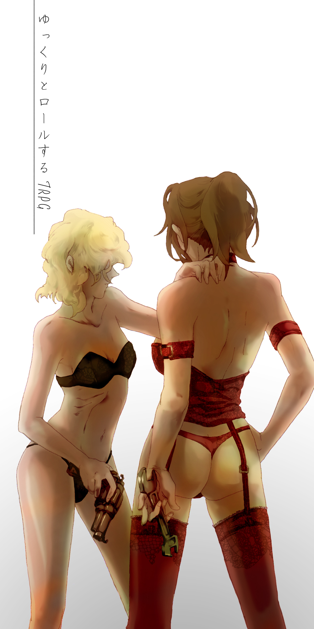 2girls armlet ass back bare_arms bare_back bare_legs bare_shoulders black_bra black_panties blonde_hair bra breasts brown_hair bustier collar copyright_name corset cowboy_shot faceless faceless_female female female_only garter_straps gradient_background gun hakurei_reimu hand_on_another's_shoulder hand_on_own_hip handgun high_ponytail highres holding holding_gun holding_weapon jewelry kanbi_marisa kirisame_marisa kureha_reimu lace lace-trimmed_legwear lace_trim legs lingerie looking_away looking_to_the_side marisa_carnby medium_breasts midriff multiple_girls navel panties pistol ponytail red_legwear red_panties revolver sa_to short_hair simple_background small_breasts smile standing strapless strapless_bra thighhighs thong touhou translation_request underwear underwear_only weapon white_background wrench yukkuri_to_rooru_suru_trpg