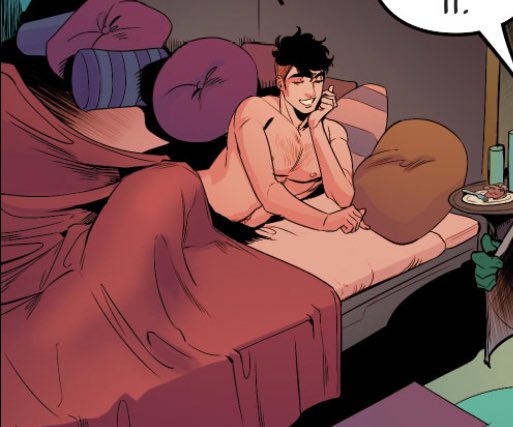 1boy abs bara bed biceps billy_kaplan black_hair chest_hair comic_page dark_hair gay_male human human_only light-skinned_male light_skin lying lying_down male male_only marvel marvel_comics muscles muscular muscular_male nipples on_bed pecs shirtless shirtless_male smile smiling solo solo_male teasing undercut unknown_artist wiccan wizard young_avengers