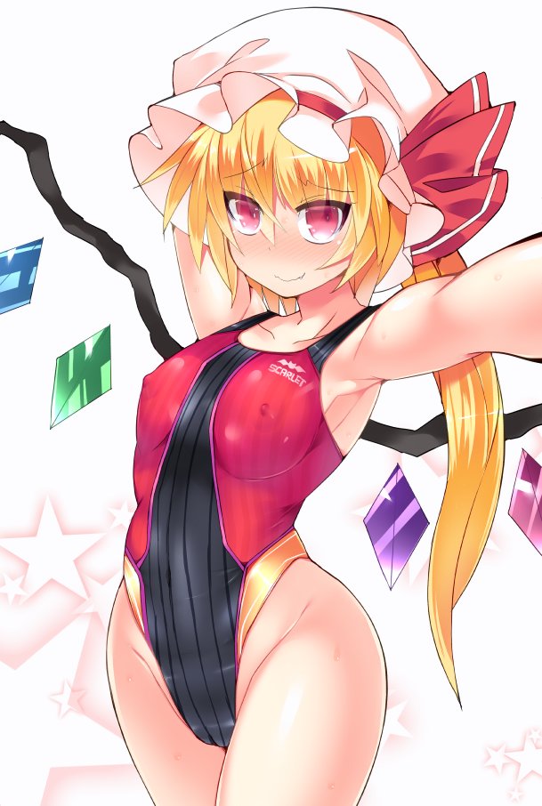 1girls 2021 arms_up blonde_hair blush breasts_visible_through_clothing embarrassed female flandre_scarlet headwear hisui_(stapspats) leotard long_hair looking_at_viewer ponytail red_eyes shy shy_smile side_ponytail small_breasts smile smiling solo standing swimsuit thighs touhou vampire wings