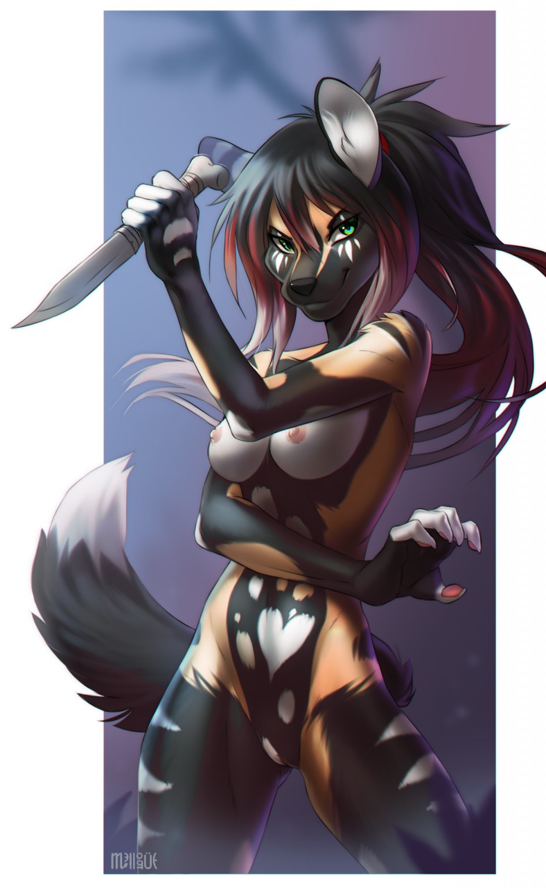 anthro black_fur black_hair breasts brown_fur canine female fur green_eyes hair knife long_hair looking_at_viewer mammal markings melloque nipples nude pussy red_hair smile solo white_fur