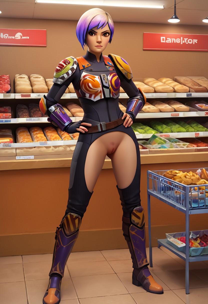 1girls ai_generated indoors looking_at_viewer presenting_pussy pussy sabine_wren solo solo_focus standing star_wars star_wars_rebels supermarket