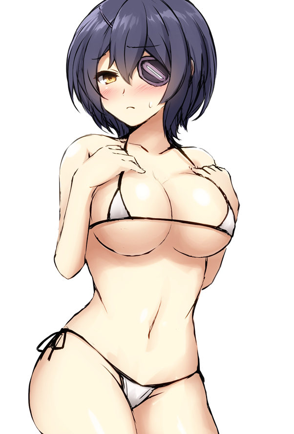 bikini blush breasts don_(29219) eye_patch female kantai_collection large_breasts looking_at_viewer micro_bikini midriff navel purple_hair short_hair solo sweatdrop swimsuit tenryuu_(kantai_collection) white_bikini yellow_eyes