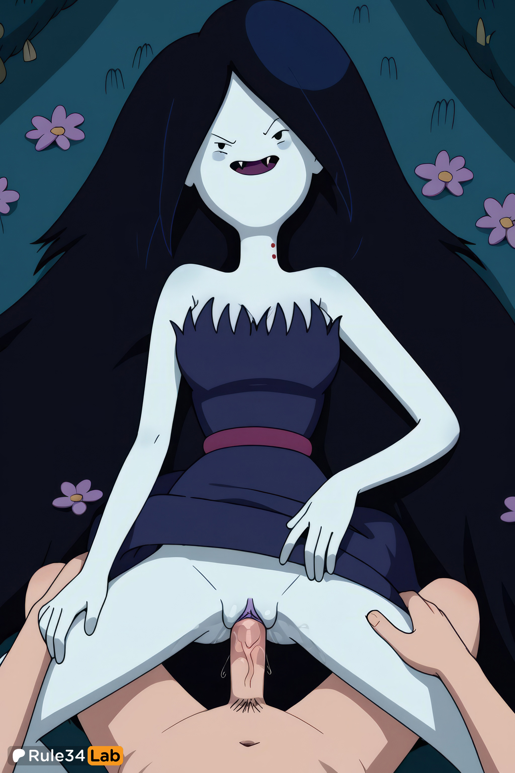 1boy, 1girls, adventure time, ai generated, artist name, bare shoulders, bite mark, black hair, breasts, cartoon network, clothed female nude male, clothes lift, colored skin, dress, dress lift, fangs, female, finn the human, flower, grass, grey skin, hi res, long hair, looking at viewer, lying, male, male pubic hair, marceline, marceline abadeer, marceline the vampire queen, missionary, on back, open mouth, pale skin, penis, pov, pubic hair, pussy, pussy juice, rule34lab, sex, smile, solo focus, spread legs, straight, strapless, strapless dress, uncensored, vaginal penetration, vaginal sex, vampire, veins, very long hair, warner bros, warner brothers