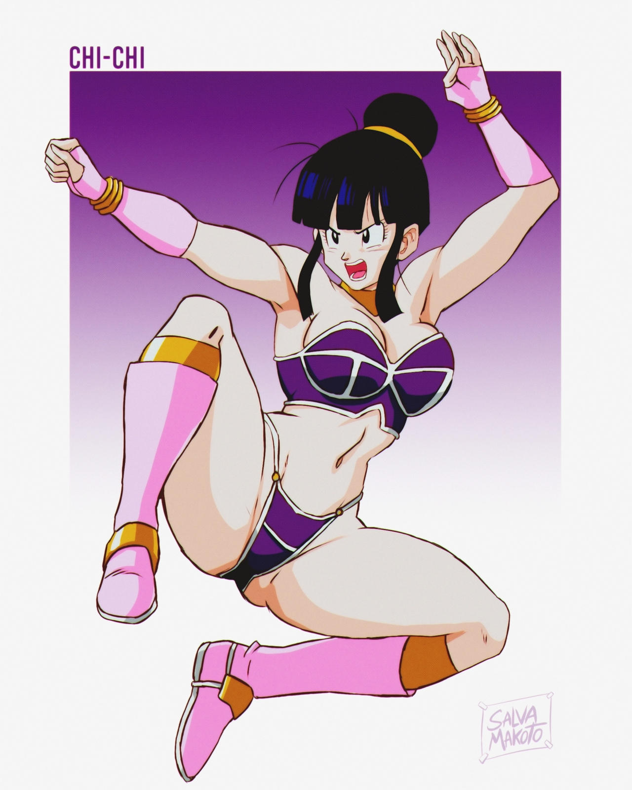 armor armpits arms_up artist_name bangs bikini_armor black_eyes black_hair blunt_bangs boots breasts chichi cleavage clothing dragon_ball dragon_ball_super female female_only fingerless_gloves footwear full_body gloves gradient gradient_background jewelry knee_boots large_breasts long_hair looking_at_viewer midriff navel open_mouth pink_footwear pink_gloves ponytail salvamakoto shoes sidelocks signature simple_background solo teeth thighs tied_hair