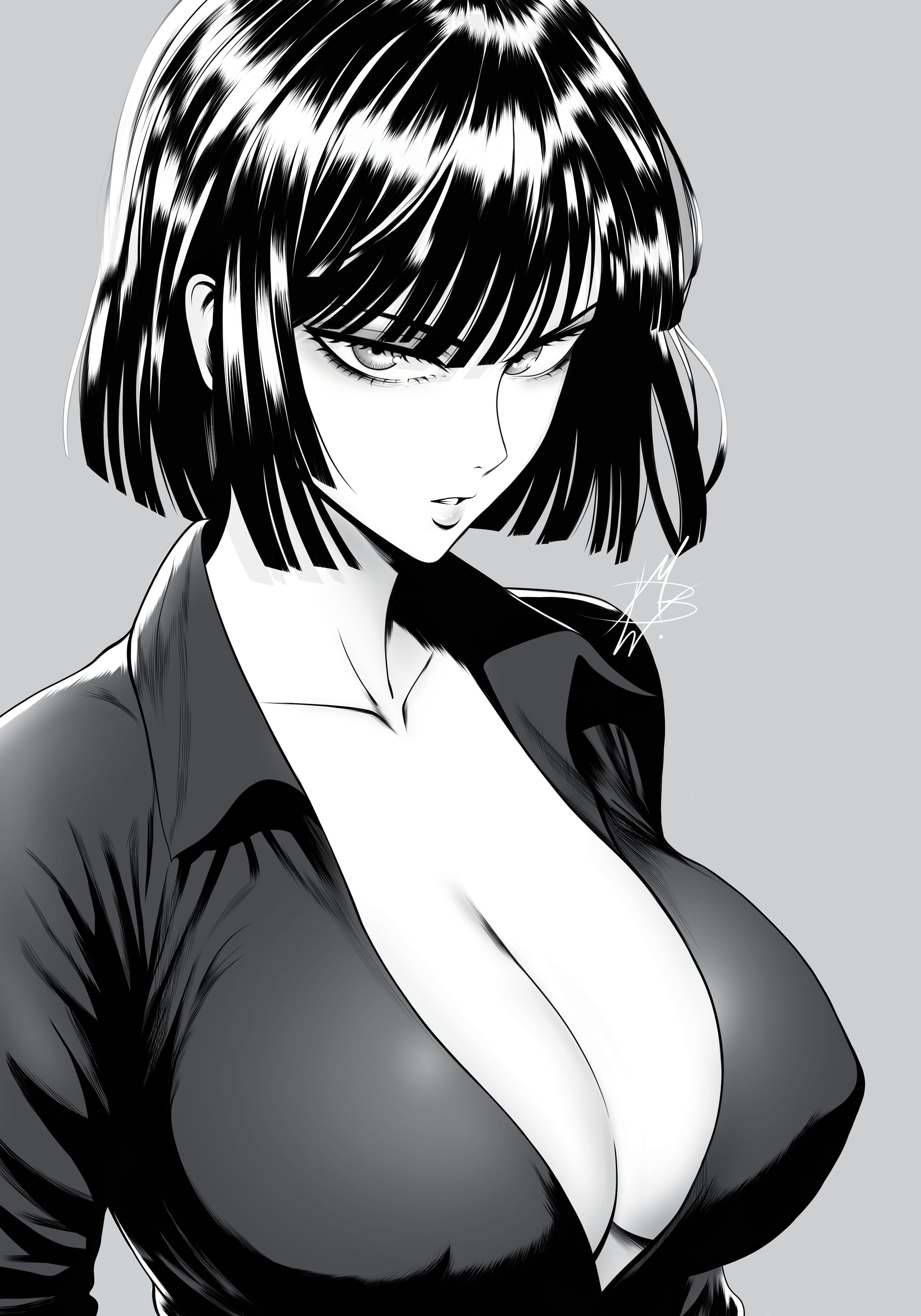 1girls, big breasts, black and white, breasts, cleavage, female, female only, fubuki (one-punch man), greyscale, looking at viewer, mostlybluewyatt, one-punch man, short hair, solo