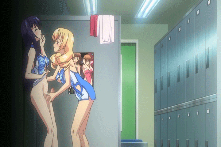 2futas, animated, animated gif, balls, balls under clothes, big breasts, blonde hair, bottomless skirt, breasts, censored, closed eyes, dark purple hair, dress, dress lift, erection, erection under clothes, erection under skirt, futa on futa, futa only, futanari, gif, intersex, large breasts, locker room, matsuzaki riko, mosaic censoring, penis, penis out, penis under clothes, penis under skirt, purple hair, shinsei futanari idol: dekatama kei!, shiratorizawa mizuho, side view, skirt, skirt lift, white bear (animation studio)
