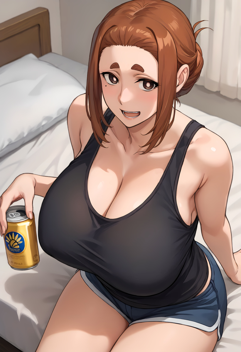 bare_legs beer brown_eyes brunette_hair dolphin_shorts gigantic_breasts hair_bun hi_res high_resolution highres huge_breasts ishigaki_takashi kaii_to_otome_to_kamikakushi light-skinned_female light_skin looking_at_viewer massive_breasts mature_female milf smiling sumireko_ogawa tank_top thick_body thick_female thick_thighs thighs