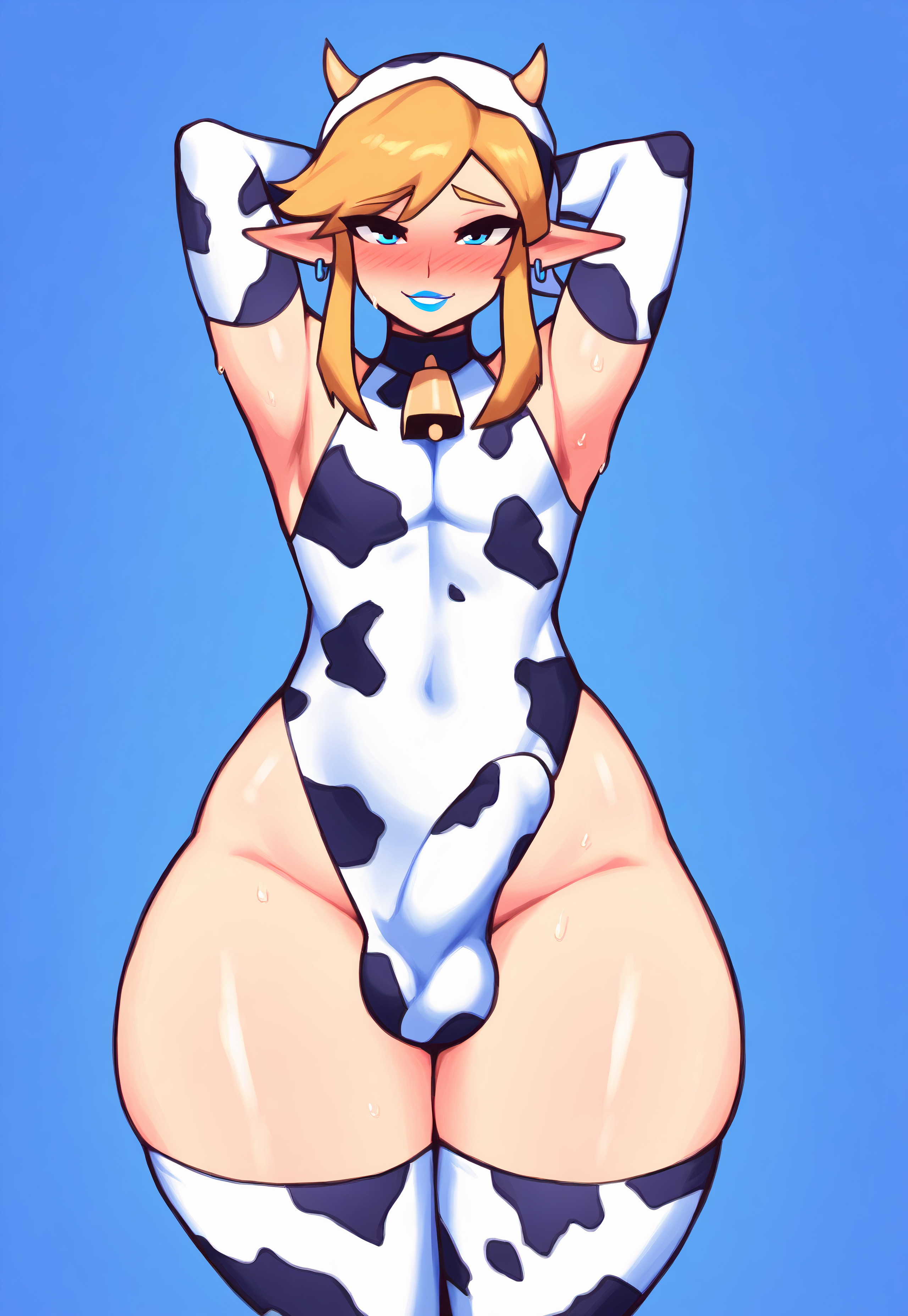 1boy, ai generated, arms behind head, balls, ballsack, big breasts, breasts, bulge, bulge through clothing, cow ears, curvaceous, curvy, curvy figure, femboy, feminine male, gay, genitals, huge breasts, hylian, hylian ears, large breasts, link, male, male only, nai diffusion, nintendo, outfit, penis, penis bulge, penis under clothes, stable diffusion, tears of the kingdom, testicles, the legend of zelda, thick, thick hips, thick legs, thick thighs, video games, voluptuous, voluptuous femboy, voluptuous male, whoram, wide hips