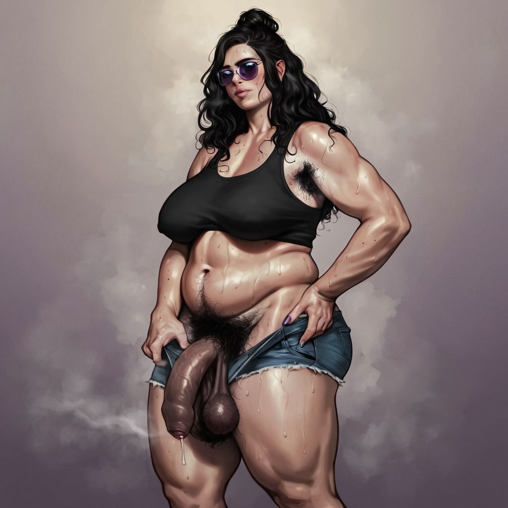 ai_generated armpit_hair asian braided_hair briang1748 bulge_through_clothing futanari intersex jean_shorts mask musk_clouds overweight party pubic_hair public rave raver_girl(briang1748) smell smoking stage stage_lights thick_ass thick_thighs