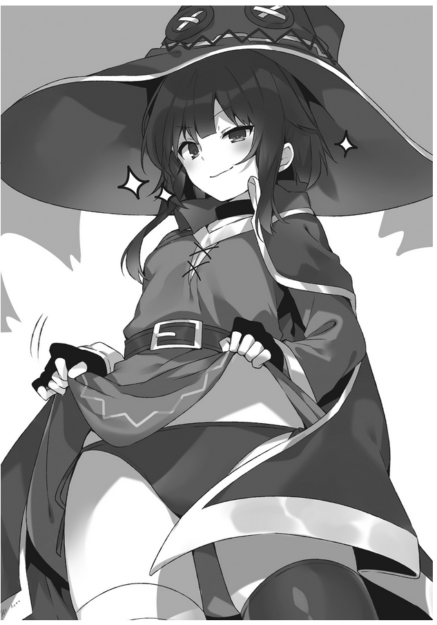 bandaged_leg belt_buckle black_cape black_choker black_panties dress_lift fingerless_gloves kono_subarashii_sekai_ni_shukufuku_wo! megumin mishima_kurone monochrome november official_art short_hair_with_long_locks side-tie_panties smug stars thighhighs upskirt witch_hat