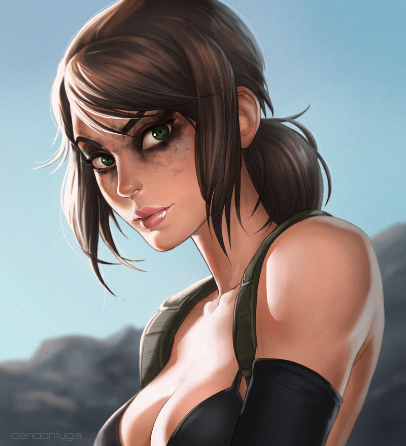1girls, breasts, brown hair, dandon fuga, female, female only, green eyes, metal gear solid, metal gear solid v, ponytail, quiet (metal gear), solo, tied hair