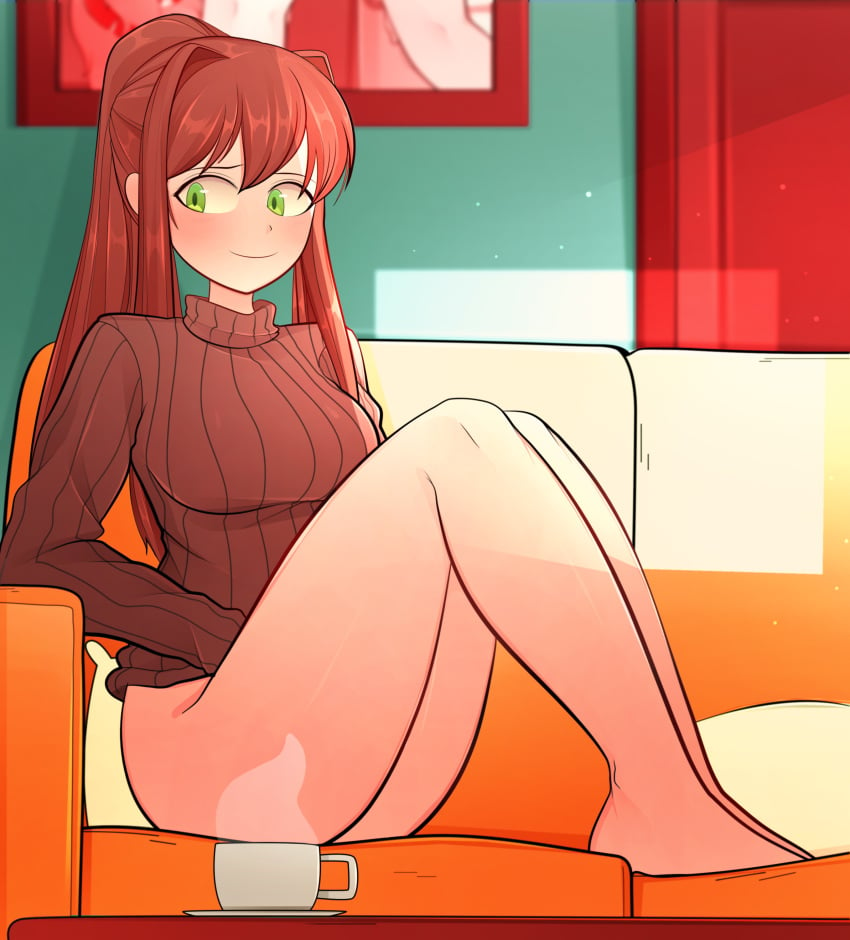 1girls arkeus arkeus_165 bare_legs barefoot blush bottomless brown_hair couch doki_doki_literature_club female female_only green_eyes long_hair looking_away monika_(doki_doki_literature_club) no_panties no_pants sitting smile solo sweater thighs