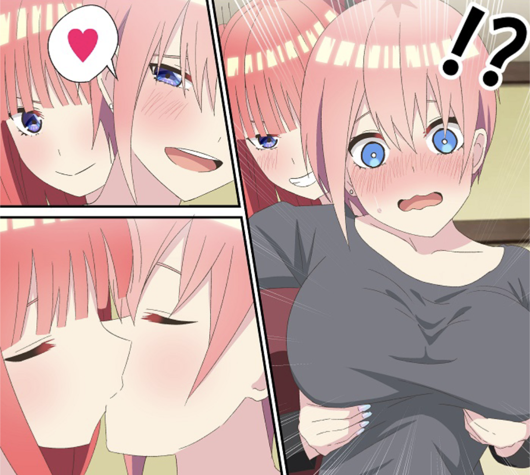 blue eyes, blush, breasts, closed eyes, female, fully clothed, go-toubun no hanayome, groping, groping breasts, groping from behind, incest, kissing, nakano ichika, nakano nino, pink hair, red hair, sisters, surprised, yuri