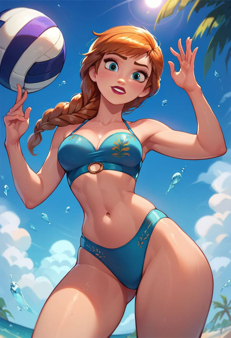 ai_generated anna_(frozen) beach beach_ball bikini disney disney_princess frozen_(film) frozen_2 looking_at_viewer navel