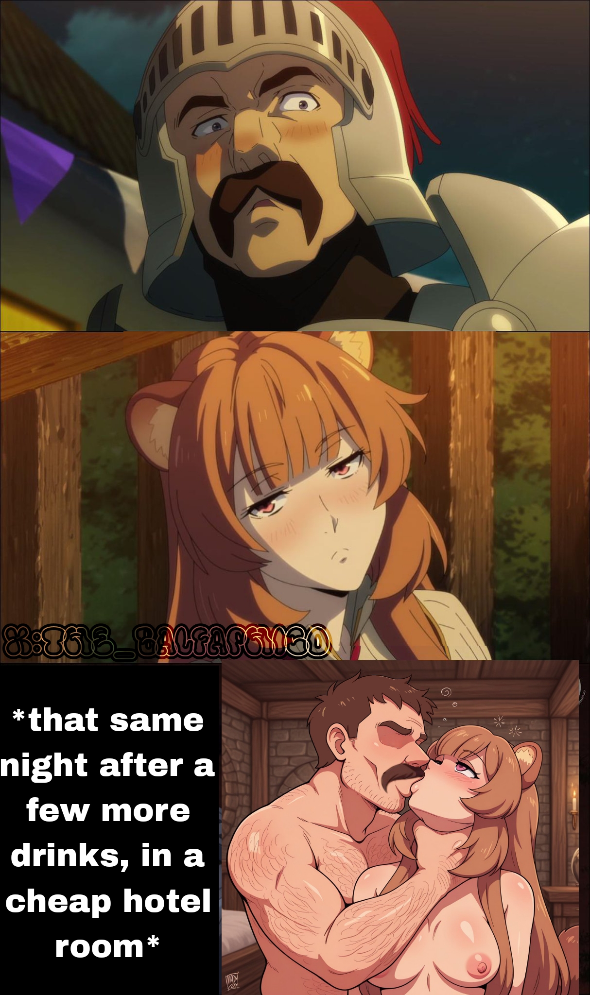 1boy, 1girls, ai generated, balfaphico, cheating, choking, dilf, dominant male, drunk, edit, female, imminent sex, kissing, male, male dominating female, netorare, ntr, older male and younger female, raphtalia, sex, submissive female, tate no yuusha no nariagari, tongue kiss
