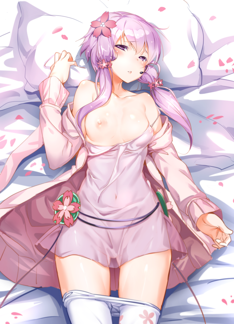 ajishio covered_navel female flower hair_flower hair_ornament long_hair looking_at_viewer low_twintails lying nipples off_shoulder on_back open_clothes pantyhose petals pillow purple_eyes purple_hair small_breasts solo tied_hair twintails vocaloid voiceroid white_legwear yuzuki_yukari yuzuki_yukari_(onn)