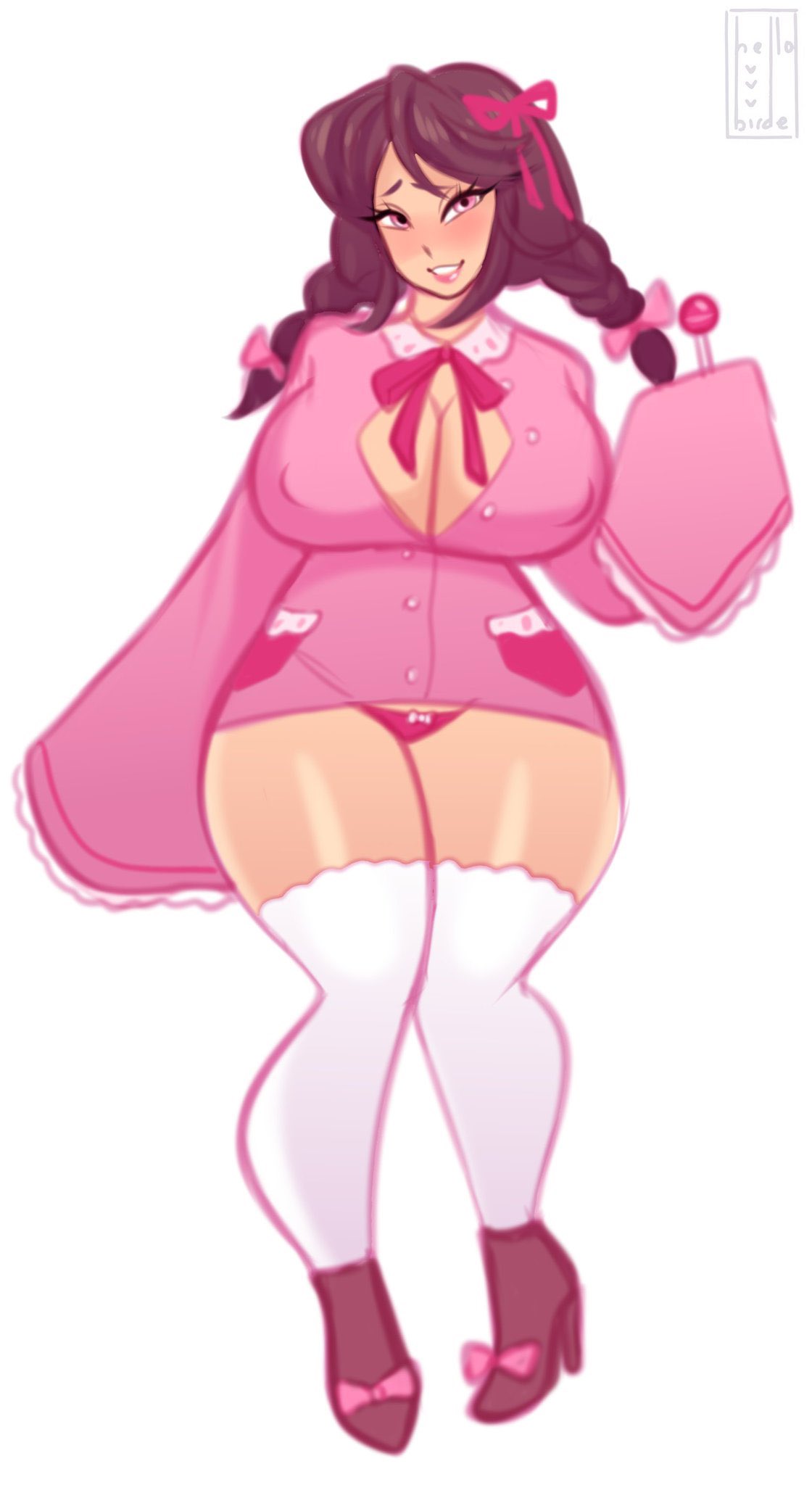 1girls adoptable alternate_costume alternate_version braided_hair braids brown_hair commission commissioner_upload daisycandy hair_ribbon hellobirde high_heel_boots high_heels huge_breasts kneesocks lolipop pajamas panties pink_clothing pinkie-gal thick_thighs