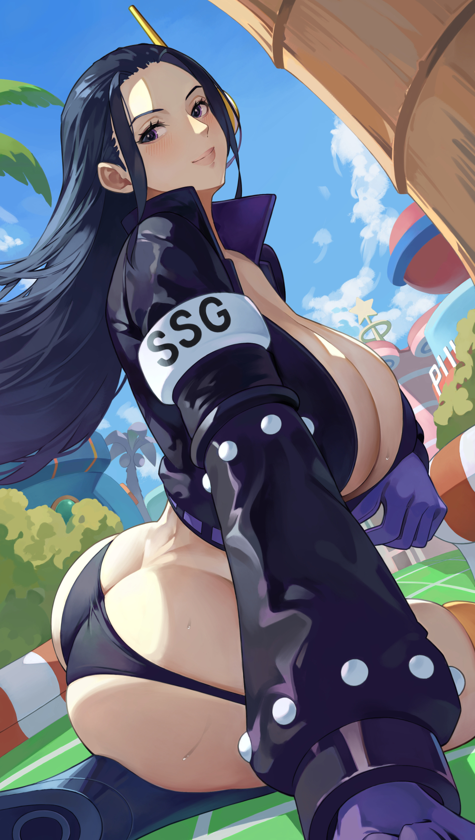 agoppdki agu_(agoppdki) ass black_hair black_panties blue_sky blush breasts butt_crack cleavage colorized female female_only gloves high_collar huge_breasts long_hair looking_at_viewer nico_robin nico_robin_(egghead) one_piece one_piece:_egghead_arc panties post-timeskip purple_eyes sitting sky smile tagme underwear wide_hips