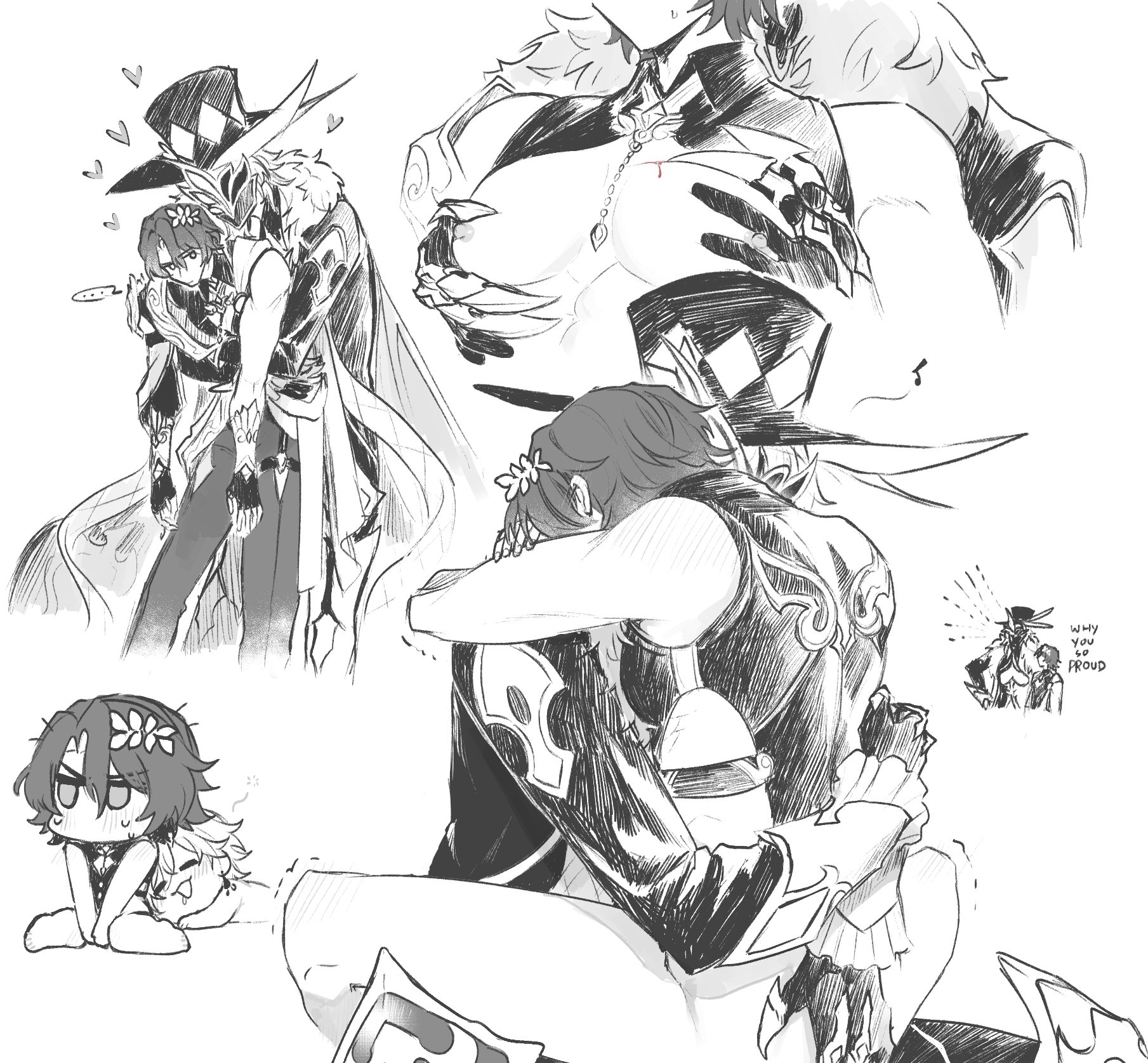 2boys, afterglow, aventio, aventurine (honkai: star rail), aventurine of stratagems (honkai: star rail), black and white, boss monster, bottomless, claws, clothed, dr. ratio (honkai: star rail), gay, gloves, hat, honkai (series), honkai: star rail, male, male only, male/male, monster, monster fucker, pec grab, pecs, stand and carry position, standing, yaoi