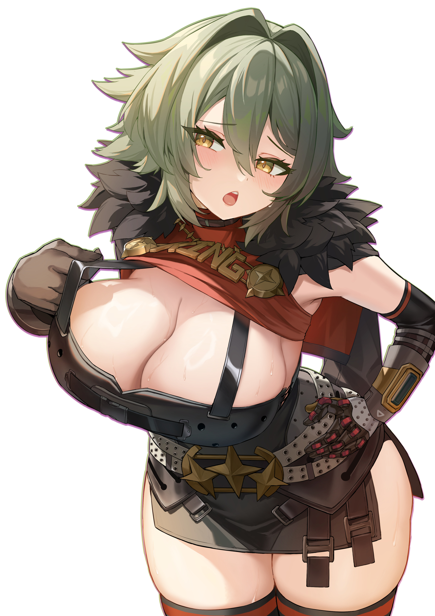 :o, alternate breast size, armpits, black dress, black jacket, blush, breasts, caesar king, caesar king (zenless zone zero), cleavage, dress, female, fur trim, fur-trimmed jacket, green hair, hair intakes, highres, huge breasts, jacket, open mouth, prosthesis, prosthetic arm, short hair, simple background, solo, takibi (tamikyo), teeth, thighs, upper teeth, white background, yellow eyes, zenless zone zero