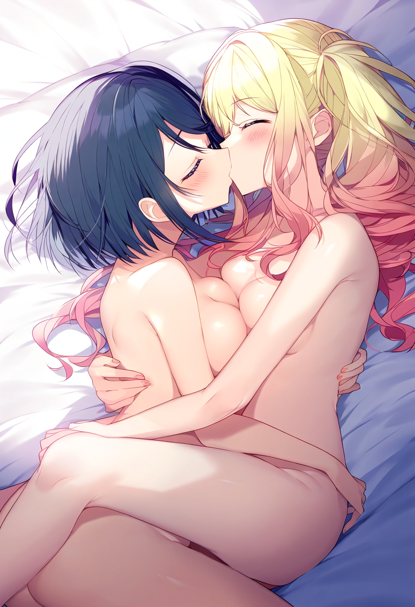 2girls ai_generated ass bed bedroom belly belly_button big_breasts blush blush breasts_out breasts_squeezed_together completely_naked_female completely_nude completely_nude_female cum high_resolution highres hoshino_ichika_(project_sekai) kissing kissing lesbian_sex medium_breasts naked navel nipples on_back on_bed project_sekai pussy pussy_ejaculation pussy_juice pussy_juice_drip tenma_saki tits_out tummy yuri yuri