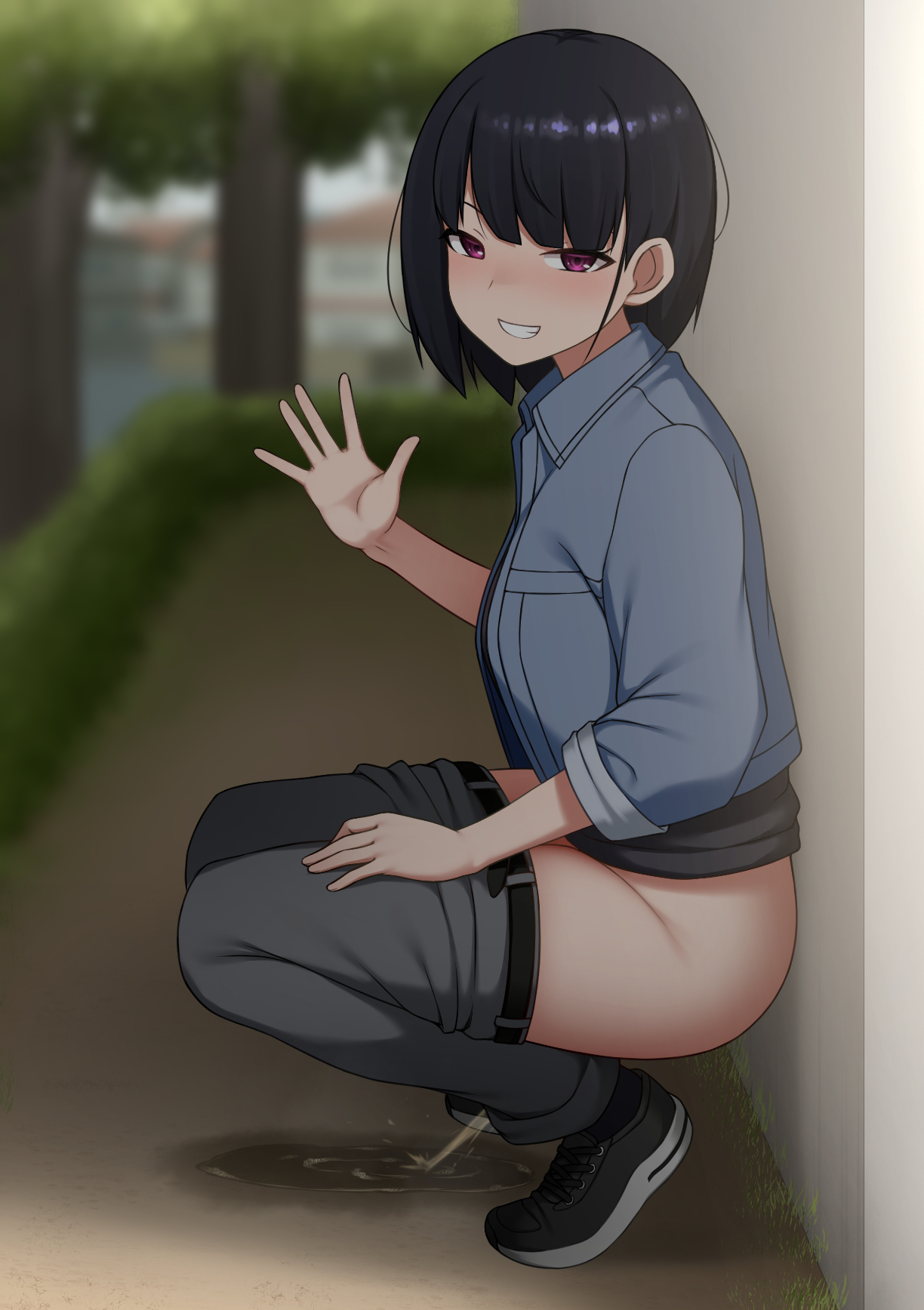 1girls, female, peeing, public, smile, solo female, waving