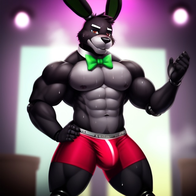 1boy ai_generated balls bara black_body bulge buster_(trtf) club fazbear_fanverse fnaf furry furry_only gay male male_only muscular muscular_male musk_clouds rabbit stripper sugar1989 sweat the_return_to_freddy's underwear