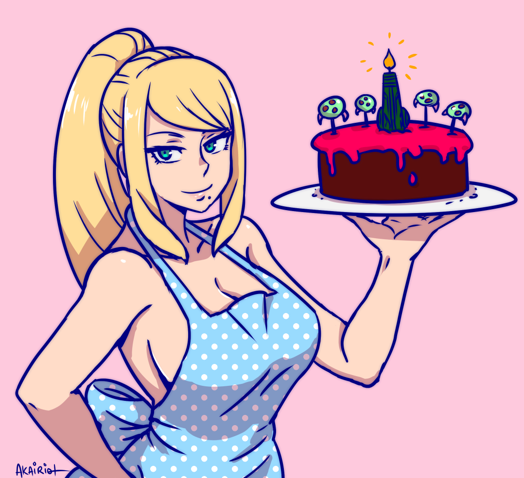 1girls, akairiot, apron, blonde hair, blue eyes, cake, cleavage, female, female only, human, metroid, nintendo, ponytail, samus aran, solo, tied hair