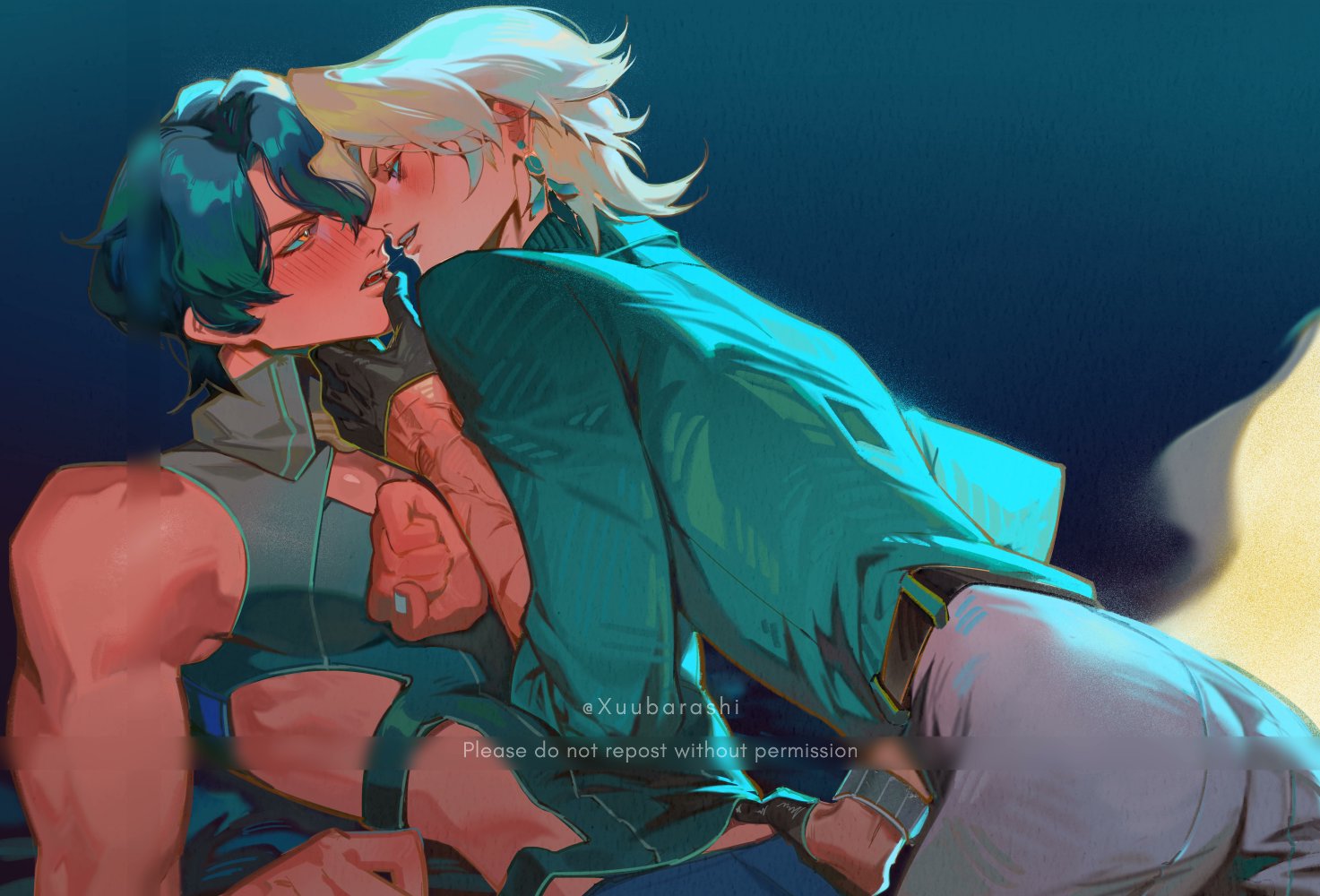 2boys, aventurine (honkai: star rail), blonde, blonde hair, blonde-haired male, blue hair, blush, blush lines, blushing, blushing at partner, clothed, clothing, dr. ratio (honkai: star rail), ear piercing, earrings, finger on lip, fully clothed, gay, hand on hip, honkai: star rail, looking at another, looking at partner, male, male only, male/male, purple hair, waist, waist grab, yaoi