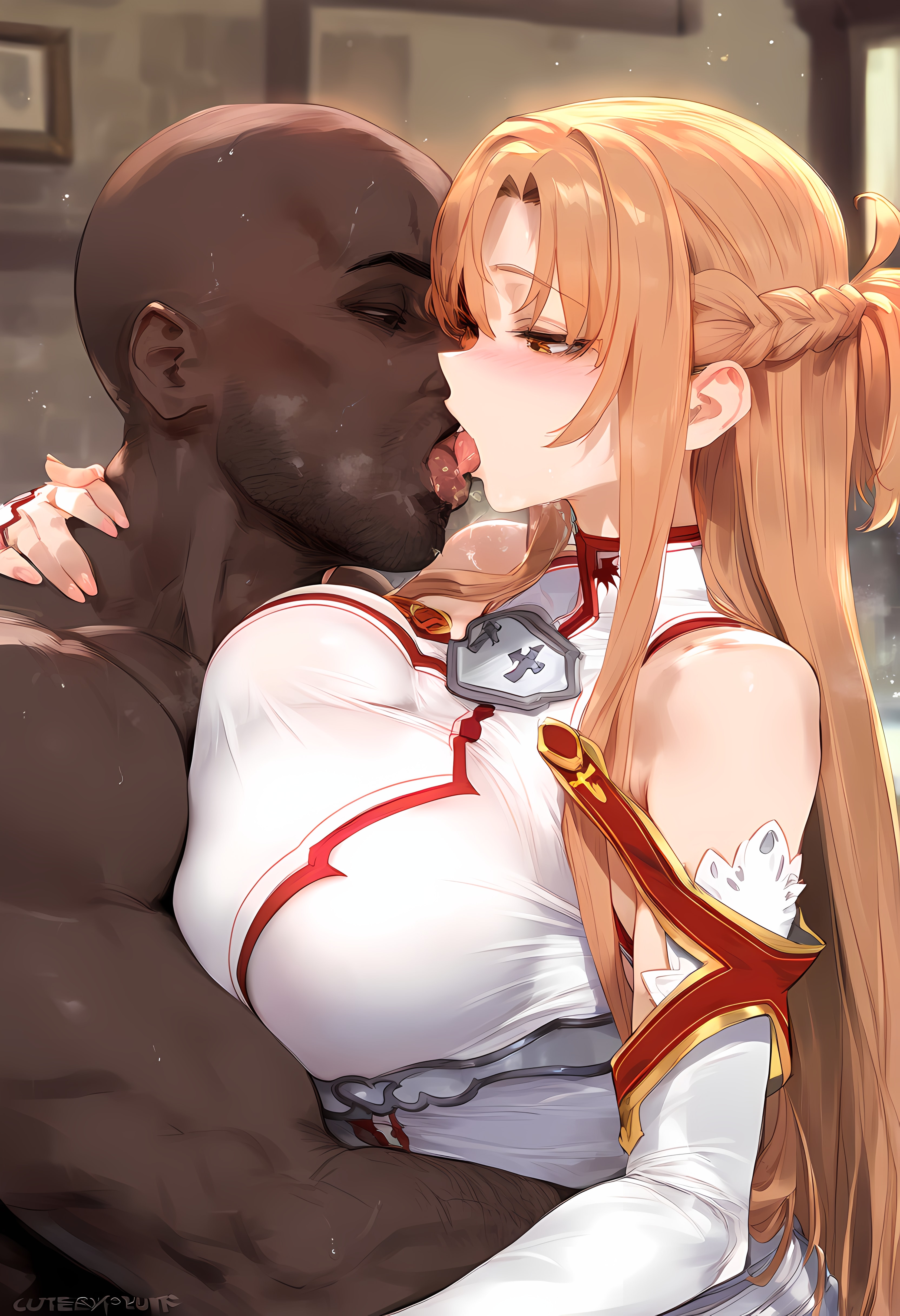 1boy, 1girls, ai generated, artist name, bald, bangs, bare shoulders, blurry, blurry background, blush, braid, breast press, breasts, brown eyes, brown hair, clothed female nude male, clothing, curvaceous, curvaceous female, curvaceous figure, curvy, dark skin, dark-skinned male, detached sleeves, facial hair, female, french braid, french kiss, hair ornament, half-closed eyes, indoors, interracial, kissing, large breasts, long hair, long sleeves, looking at another, male, nakatori, nude, open mouth, orange hair, parted bangs, saliva, saliva trail, short ponytail, straight, sweat, sword art online, tied hair, tongue, tongue out, upper body, voluptuous, voluptuous female, yuuki asuna