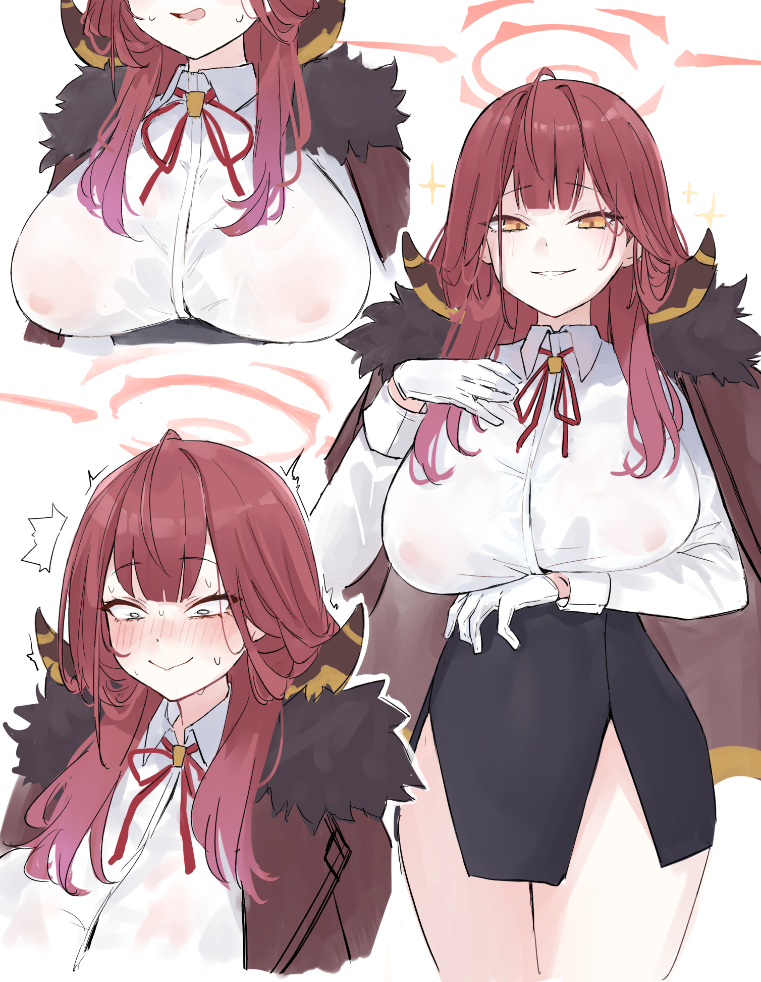 accidental exposure, aru (blue archive), blue archive, breasts, clueless, female, gehenna academy student, large breasts, looking down, nervous smile, nipples visible through clothing, oblivious, problem solver 68 (blue archive), see-through clothing, shocked, unaware exhibitionist