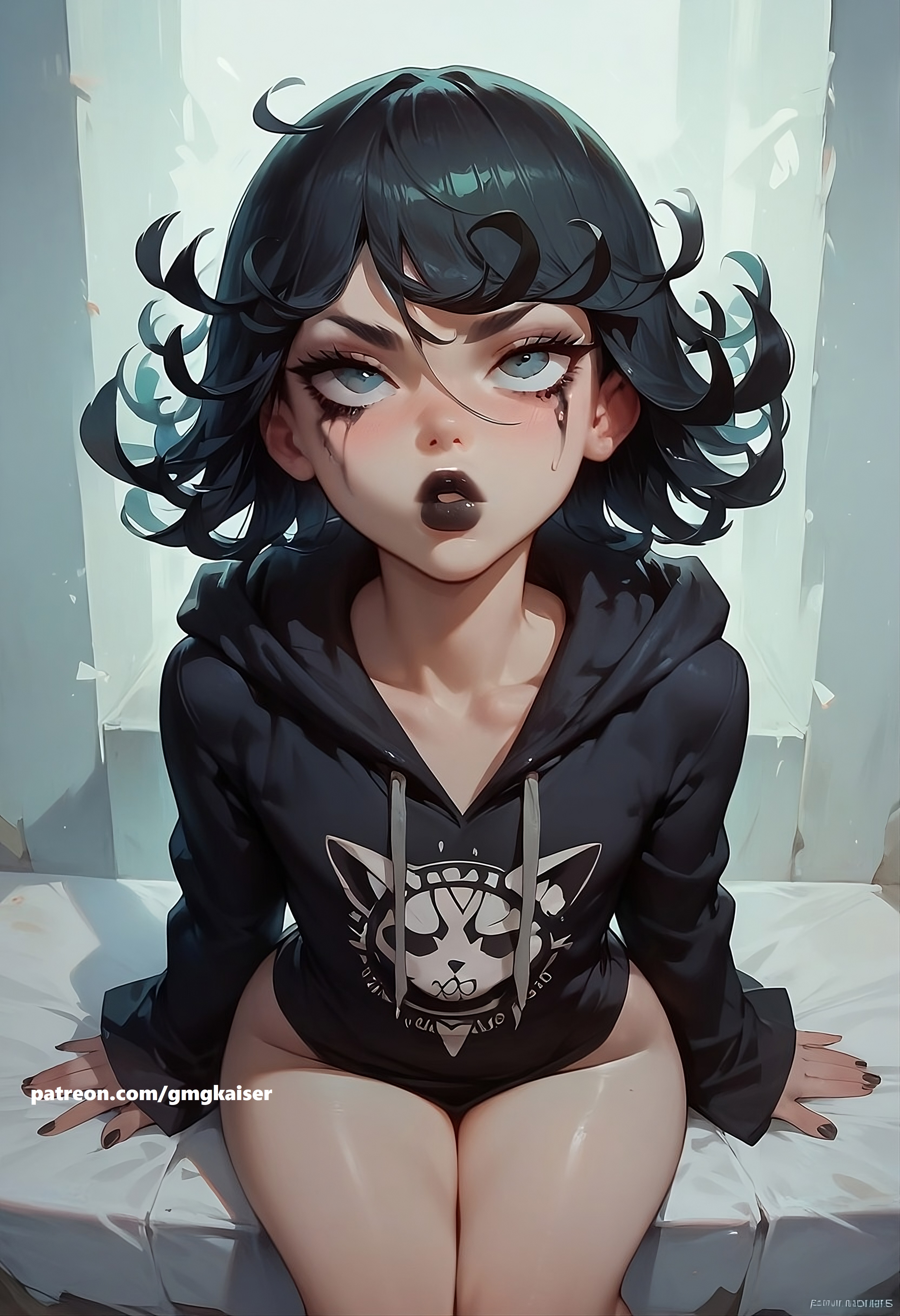 1girls, ai generated, black hair, black lips, black lipstick, bottomless, breasts, female, female only, flat chest, from above, gmgkaiser, goth, goth girl, goth tatsumaki, hoodie, naked hoodie, one-punch man, runny makeup, short hair, sitting, small breasts, solo, tatsumaki