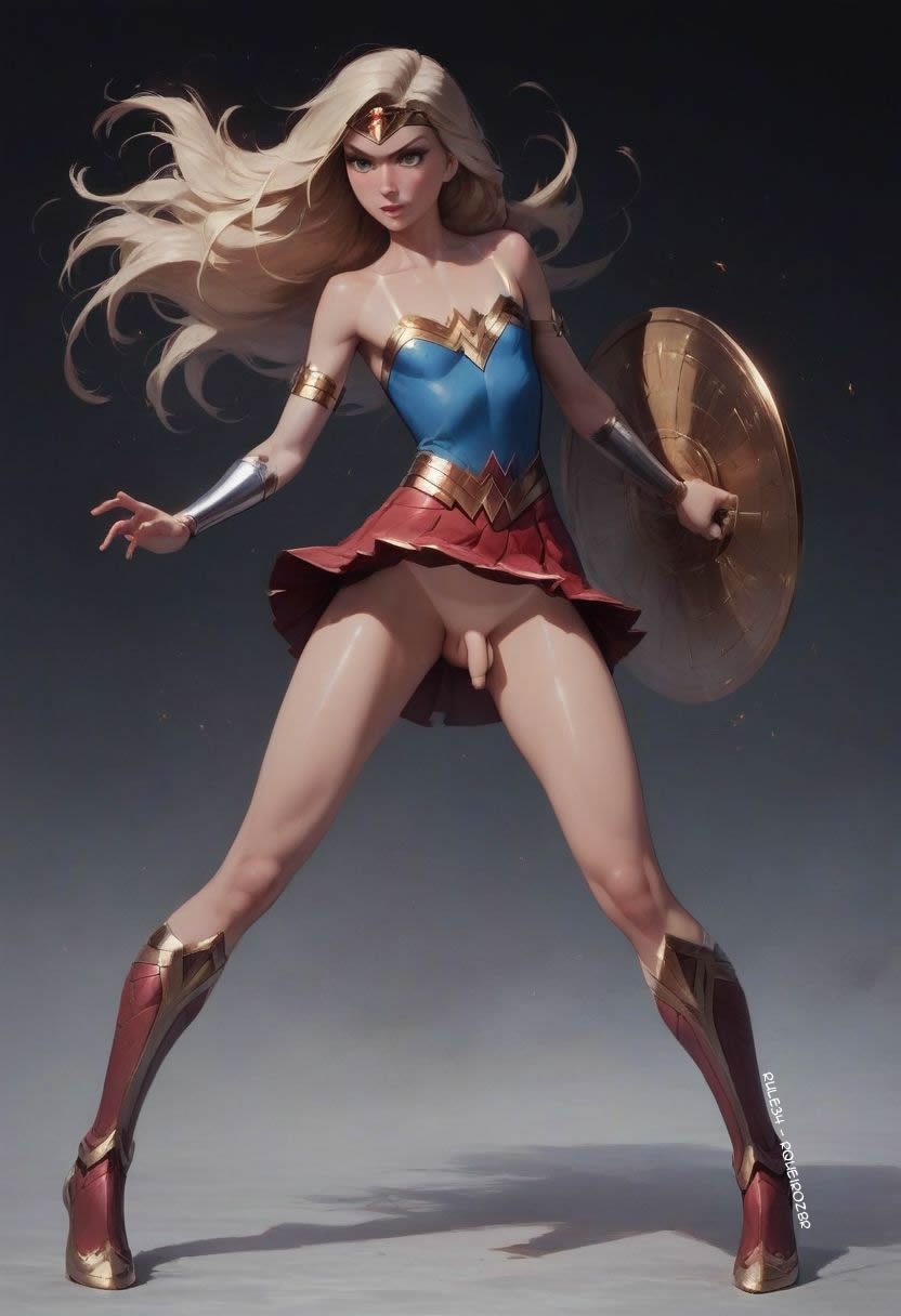 ai_generated artificial_intelligence blonde_hair femboy fighting flaccid_penis heroine penis rqueirozbr shield skirt wonder_woman