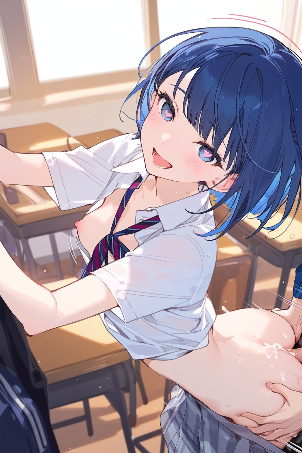 1boy 1girls ai_generated ass belly blue_eyes blue_hair breasts breasts_out cum cum_drip cum_in_pussy cum_inside cum_on_ass cumshot female from_behind from_behind_position heart-shaped_pupils hi_res high_resolution highres kiritani_haruka male medium_breasts naked nipples open_clothes open_shirt penis project_sekai school_uniform schoolgirl skirt skirt_down skirt_pull standing standing_doggy_style standing_sex tits_out tummy unbuttoned unbuttoned_shirt